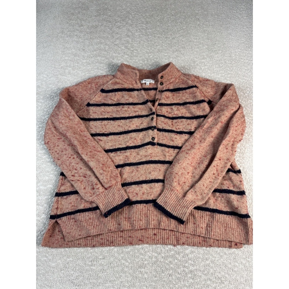 Madewell Sweater Womens XS Pink Navy Striped Henley Mock Neck Merino Wool Blend